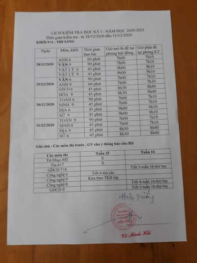 LỊCH KIỂM TRA HKI- NĂM HỌC 2020-2021