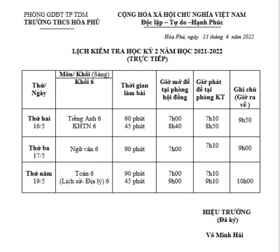 LỊCH KIỂM TRA HỌC KỲ 2 NĂM HỌC 2021 - 2022