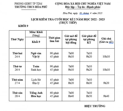 LỊCH KIỂM TRA CUỐI HỌC KỲ 2 NĂM HỌC 2022-2023